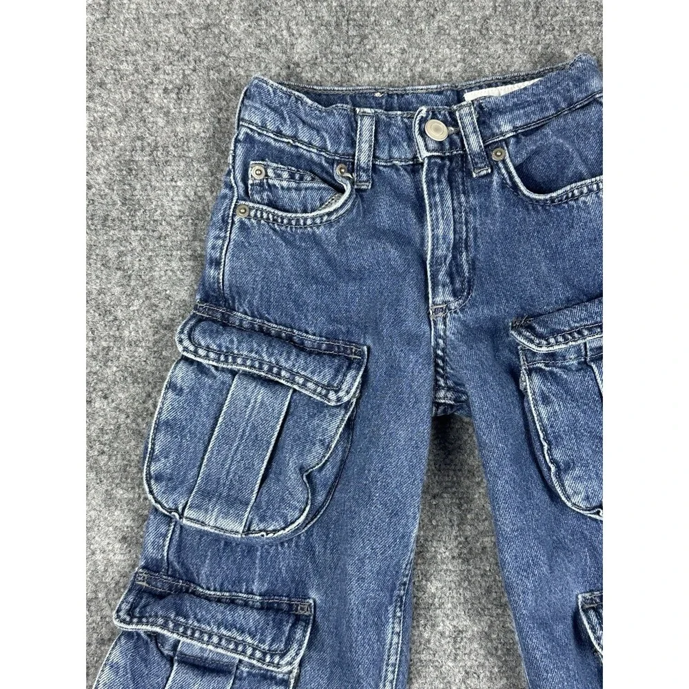 Zara Kids Blue Denim Multi-Pocket Cargo Jeans Size 6 Streetwear Y2K